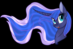 Size: 1641x1094 | Tagged: safe, artist:donnie-moon, princess luna, alicorn, pony, g4, black background, bust, curved horn, female, horn, mare, portrait, simple background, solo, windswept mane