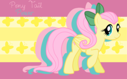 Size: 2560x1600 | Tagged: safe, artist:alicehumansacrifice0, artist:jennieoo, artist:ooklah, edit, fluttershy, pegasus, pony, g4, abstract background, alternate hairstyle, bow, cute, cutie mark, female, mare, ponytail, raised hoof, show accurate, shyabetes, solo, wallpaper, wallpaper edit