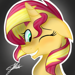 Size: 768x768 | Tagged: safe, artist:sweetkllrvane, sunset shimmer, pony, unicorn, g4, bust, female, grin, one eye closed, portrait, signature, smiling, solo, wink