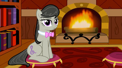 Size: 1364x768 | Tagged: dead source, safe, artist:nomorethan9, artist:schrodinger-excidium, octavia melody, earth pony, pony, epic wub time, g4, book, bookshelf, female, fireplace, solo