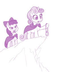 Size: 844x1000 | Tagged: safe, artist:dstears, apple bloom, sweetie belle, earth pony, pony, unicorn, g4, atg 2017, crossover, female, filly, lord of the rings, monochrome, mount doom, newbie artist training grounds, parody, simple background, the one ring, white background