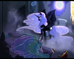 Size: 901x718 | Tagged: safe, artist:gamblingfoxinahat, nightmare moon, princess celestia, pony, g4, castle of the royal pony sisters, crown, defeated, eclipse, jewelry, regalia