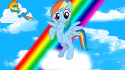 Size: 1366x768 | Tagged: artist needed, safe, artist:kaiba-girl-maliko, edit, rainbow dash, spitfire, g4, cloud, cloudy, female, rainbow, sky, solo, wallpaper, wallpaper edit