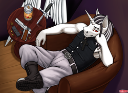 Size: 1440x1041 | Tagged: safe, artist:wwredgrave, oc, oc only, oc:lord halo, unicorn, anthro, anthro oc, boots, clothes, commission, dagger, handgun, handsome, male, shoes, sitting, soda, solo, stallion, weapon