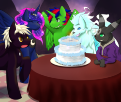 Size: 4272x3583 | Tagged: safe, artist:lonewolffl, princess luna, oc, oc:alex sinfalair, oc:christian clefnote, g4, birthday, cake, celebration, crossover, food, lulex