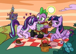 Size: 1024x724 | Tagged: safe, artist:art-2u, spike, starlight glimmer, twilight sparkle, alicorn, dragon, pony, g4, abs, beefspike, blushing, female, floating heart, heart, knight spike, male, picnic, polyamory, ship:sparlight, ship:twispike, shipping, spike gets all the mares, straight, twilight sparkle (alicorn), twilight's castle, twisparlight