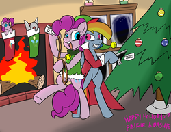 Size: 1650x1275 | Tagged: safe, artist:ghostsofponyville, pinkie pie, rainbow dash, pony, fanfic:cupcakes, fanfic:rainbow factory, g4, bipedal, christmas, christmas stocking, christmas tree, fireplace, holiday, plushie, tree