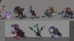 Size: 2560x1440 | Tagged: safe, artist:angela an, captain celaeno, twilight sparkle, alicorn, dinosaur, velociraptor, anthro, g4, my little pony: the movie, the art of my little pony: the movie, concept art, dagger, gun, kenku, pirate, sword, twilight sparkle (alicorn), weapon