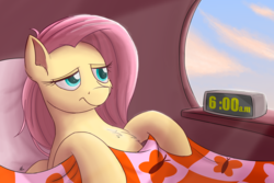 Size: 3000x2000 | Tagged: safe, artist:j24262756, fluttershy, pegasus, pony, g4, alarm clock, bed, clock, female, high res, mare, morning ponies, solo, waking up, window
