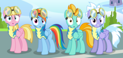 Size: 4735x2250 | Tagged: safe, artist:tomfraggle, cloudchaser, lightning dust, meadow flower, rainbow dash, pegasus, pony, g4, :o, clothes, female, goggles, high res, mare, open mouth, uniform, vector, wide eyes, wonderbolt trainee uniform