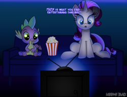 Size: 1700x1300 | Tagged: safe, artist:lennonblack, rarity, spike, dragon, pony, g4, couch, food, popcorn, sitting, television, tongue out