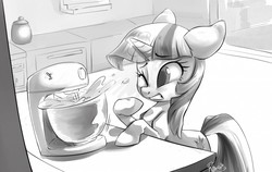 Size: 1280x807 | Tagged: safe, artist:php27, twilight sparkle, pony, unicorn, g4, baking, batter, cute, ears back, female, food, frown, glowing horn, gritted teeth, horn, kitchen, leaning, magic, mare, monochrome, one eye closed, scared, solo, wink