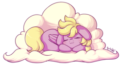 Size: 1548x849 | Tagged: safe, artist:dsp2003, oc, oc only, oc:comfy, pegasus, pony, bipedal, blushing, chibi, cloud, cute, daaaaaaaaaaaw, female, floppy ears, simple background, sleeping, solo, style emulation, transparent background