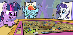 Size: 1500x713 | Tagged: safe, artist:pirill, rainbow dash, rarity, twilight sparkle, alicorn, pony, g4, atg 2017, equestria daily exclusive, eyes closed, game, newbie artist training grounds, playing, tabletop game, twilight sparkle (alicorn), twilight's castle