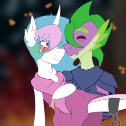 Size: 1688x1688 | Tagged: safe, artist:moonakart13, artist:moonaknight13, princess celestia, spike, dragon, g4, adult, adult spike, armor, blushing, bridal carry, carrying, castle, chains, clothes, crack shipping, dress, eyes closed, female, fire, freckles, gala dress, male, older, older spike, rescue, saved, shackles, ship:spikelestia, shipping, smiling, straight