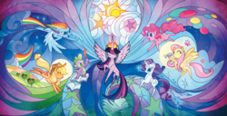 Size: 1464x747 | Tagged: safe, artist:alexia tryfon, applejack, fluttershy, pinkie pie, rainbow dash, rarity, spike, twilight sparkle, alicorn, bird, butterfly, dragon, earth pony, pegasus, pony, unicorn, g4, my little pony: the movie, official, the art of my little pony: the movie, apple tree, balloon, book, cowboy hat, flying, hat, mane seven, mane six, moon, quill, stained glass, stars, sun, tree, twilight sparkle (alicorn)