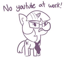 Size: 1650x1650 | Tagged: safe, artist:tjpones, twilight sparkle, pony, unicorn, boss, dialogue, female, glasses, monochrome, necktie, no fun allowed, simple background, solo, white background, wrong cutie mark, youtube