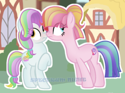 Size: 947x703 | Tagged: safe, artist:spectrumnightyt, coconut cream, toola roola, pony, fame and misfortune, g4, boop, female, lesbian, noseboop, older, scrunchy face, ship:toolanut, shipping, watermark