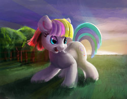 Size: 1660x1300 | Tagged: safe, artist:xbi, toola roola, earth pony, pony, fame and misfortune, g4, cute, female, filly, forest, grass field, happy, mare, open mouth, smiling, solo, tree
