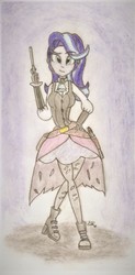 Size: 476x968 | Tagged: safe, artist:brogararts, starlight glimmer, human, g4, female, gun, humanized, looking at you, no trigger discipline, solo, steampunk, traditional art, weapon