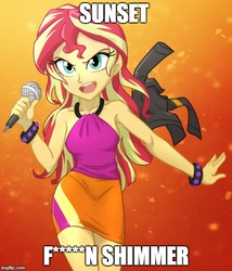 Size: 500x583 | Tagged: safe, artist:ta-na, sunset shimmer, equestria girls, g4, badass, censored vulgarity, clothes, downstait, female, heavy metal, image macro, meme, microphone, seth rollins, skirt, solo, wwe