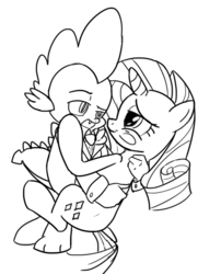 Size: 652x808 | Tagged: safe, artist:php63, rarity, spike, dragon, pony, unicorn, g4, blushing, eye contact, female, hug, looking at each other, male, mare, monochrome, ship:sparity, shipping, straight