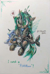 Size: 800x1176 | Tagged: safe, artist:obscurechime2017, nightmare moon, queen chrysalis, changeling, changeling queen, fish, g4, cute, cutealis, female, lesbian, ship:chrysmoon, shipping, traditional art