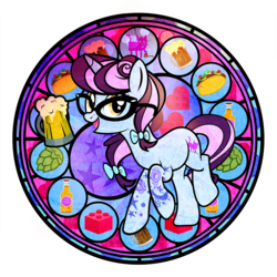Size: 1024x1024 | Tagged: safe, artist:pixelkitties, oc, oc only, oc:pixelkitties, pony, unicorn, alcohol, beer, food, glasses, hops, lego, looking at you, open mouth, solo, stained glass, taco