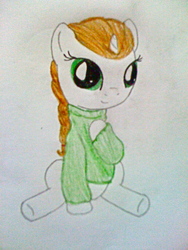 Size: 1200x1600 | Tagged: safe, artist:beetrue, oc, oc only, oc:winterberry, pony, unicorn, chibi, clothes, female, mare, sitting, solo, sweater, traditional art
