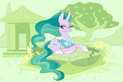 Size: 1117x747 | Tagged: safe, artist:ponygoggles, mistmane, pony, unicorn, campfire tales, g4, season 7, beautiful, clothes, curved horn, ethereal mane, female, horn, mare, prone, solo, stupid sexy mistmane, tree