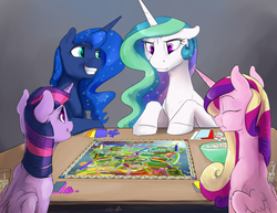 Size: 3300x2550 | Tagged: safe, artist:silfoe, princess cadance, princess celestia, princess luna, twilight sparkle, alicorn, pony, g4, alicorn tetrarchy, annoyed, board game, grin, high res, smiling, ticket to ride, twilight sparkle (alicorn)