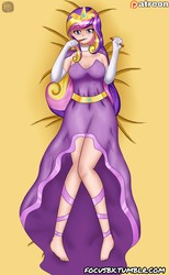 Size: 1200x1950 | Tagged: safe, artist:focusb, princess cadance, human, g4, barefoot, bed, clothes, dress, evening gloves, feet, female, gloves, humanized, long gloves, on back, patreon, patreon logo, solo