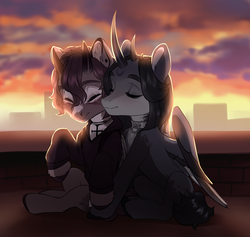 Size: 3383x3201 | Tagged: safe, artist:aphphphphp, oc, oc only, alicorn, pony, clothes, collar, cuddling, cute, duo, eyes closed, high res, hoodie, horn, multiple horns, nuzzling, twilight (astronomy)