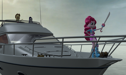 Size: 5120x3072 | Tagged: safe, artist:n3onh100, applejack, pinkie pie, rarity, equestria girls, g4, 3d, boat, high res, sword, weapon