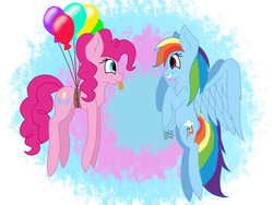 Size: 1600x1200 | Tagged: safe, artist:emilunika, pinkie pie, rainbow dash, earth pony, pegasus, pony, g4, balloon, female, floating, lesbian, looking at each other, mare, ship:pinkiedash, shipping, smiling, then watch her balloons lift her up to the sky, tongue out