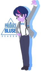Size: 740x1216 | Tagged: safe, artist:bluse, twilight sparkle, equestria girls, g4, alternate hairstyle, bowtie, clothes, jacket, male, pants, raised arm, shirt, short hair, show accurate, simple background, smiling, solo, suspenders