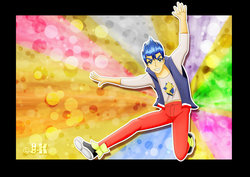 Size: 1600x1131 | Tagged: safe, artist:jotakaanimation, flash sentry, equestria girls, g4, abstract background, clothes, jumping, male, model, outfit, pose, solo