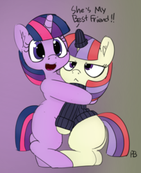 Size: 1280x1575 | Tagged: safe, artist:certificate, artist:pabbley, moondancer, twilight sparkle, pony, unicorn, g4, :<, bipedal, clothes, cute, cute ponies in sweaters, dancerbetes, dialogue, duo, duo female, female, filly, filly moondancer, filly twilight sparkle, friendship, gradient background, horn, horn sock, hug, standard canterlotian bookhorse hairdo, sweater, twiabetes, unamused, unicorn twilight, younger