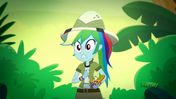 Size: 1920x1080 | Tagged: safe, screencap, rainbow dash, equestria girls, g4, leaping off the page, my little pony equestria girls: summertime shorts, clothes, female, hat, jungle, midriff, pith helmet, short shirt, skirt, solo