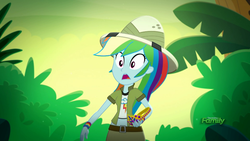 Size: 1920x1080 | Tagged: safe, screencap, rainbow dash, equestria girls, g4, leaping off the page, my little pony equestria girls: summertime shorts, clothes, female, hat, midriff, pith helmet, scenery, short shirt, skirt, solo, wristband
