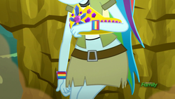 Size: 1920x1080 | Tagged: safe, screencap, rainbow dash, eqg summertime shorts, equestria girls, leaping off the page, belt, clothes, female, long hair, midriff, miniskirt, ripped skirt, shirt, short shirt, skirt, solo, t-shirt, torn clothes, wristband