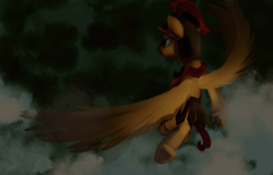 Size: 2574x1650 | Tagged: safe, artist:php69, flash magnus, pegasus, pony, campfire tales, g4, cloud, flying, helmet, male, solo, spread wings, stallion, underhoof, wings