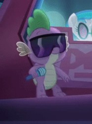 Size: 530x711 | Tagged: safe, screencap, dj pon-3, spike, vinyl scratch, dragon, g4, my little pony: the movie, cropped, male, mc spike, microphone, solo, sunglasses