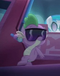 Size: 558x709 | Tagged: safe, screencap, dj pon-3, spike, vinyl scratch, dragon, g4, my little pony: the movie, cropped, glasses, male, microphone, smiling, solo, sunglasses