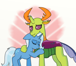 Size: 800x700 | Tagged: safe, artist:eulicious, thorax, trixie, changedling, changeling, pony, unicorn, g4, eyes closed, female, floppy ears, hug, king thorax, male, shipping, simple background, straight, thoraxie