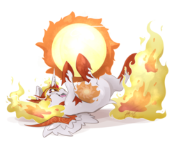 Size: 1024x842 | Tagged: safe, artist:midnightpremiere, daybreaker, alicorn, pony, g4, behaving like a cat, diabreaker, fangs, female, fire, mane of fire, mare, on back, simple background, smiling, solo, sun, tangible heavenly object, transparent background