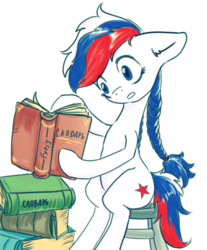 Size: 829x1000 | Tagged: safe, artist:kovoranu, oc, oc only, oc:marussia, earth pony, pony, book, braid, chair, female, learning, nation ponies, ponified, reading, russia, russian, simple background, sitting, solo, translated in the comments, white background