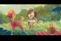 Size: 900x603 | Tagged: safe, artist:wolfiedrawie, oc, oc only, oc:chica, oc:drew, pony, duo, eating, fruit, fruit basket, grass, grazing, herbivore, horses doing horse things, picnic, pointing, scenery