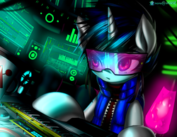 Size: 3850x2975 | Tagged: safe, artist:monochromacat, dj pon-3, vinyl scratch, pony, unicorn, g4, computer, cup, female, high res, keyboard, lava lamp, mare, musical instrument, screen, solo, visor