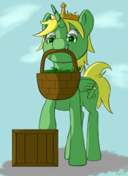 Size: 1124x1541 | Tagged: safe, artist:sv37, oc, oc only, oc:cucumbess, alicorn, pony, alicorn oc, basket, mouth hold, solo